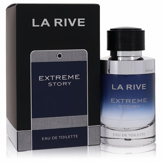 La Rive Extreme Story 2.5 oz men's EDT. Striking blue gradient glass bottle with black cap and sleek black box with textured design.