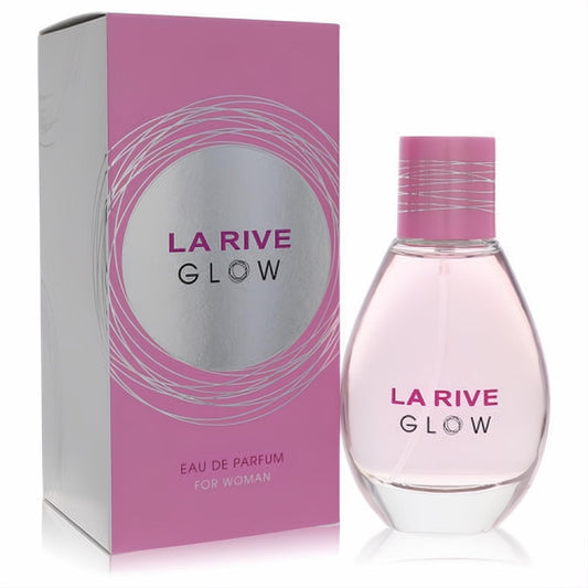 La Rive Glow Eau De Parfum for women: radiant pink glass spray bottle and matching elegant silver-swirl box.