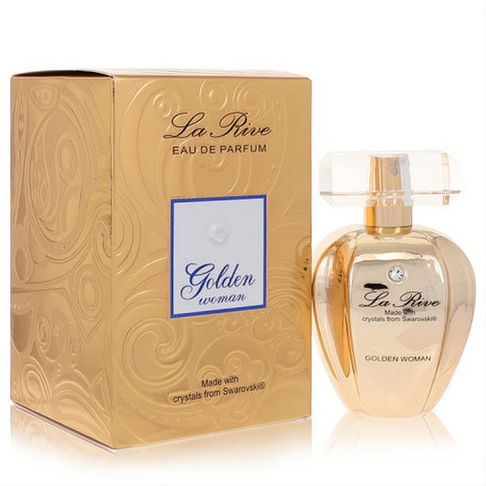 Elegant La Rive Golden Woman Eau de Parfum spray in a luxurious golden bottle and matching textured box, adorned with Swarovski crystals.