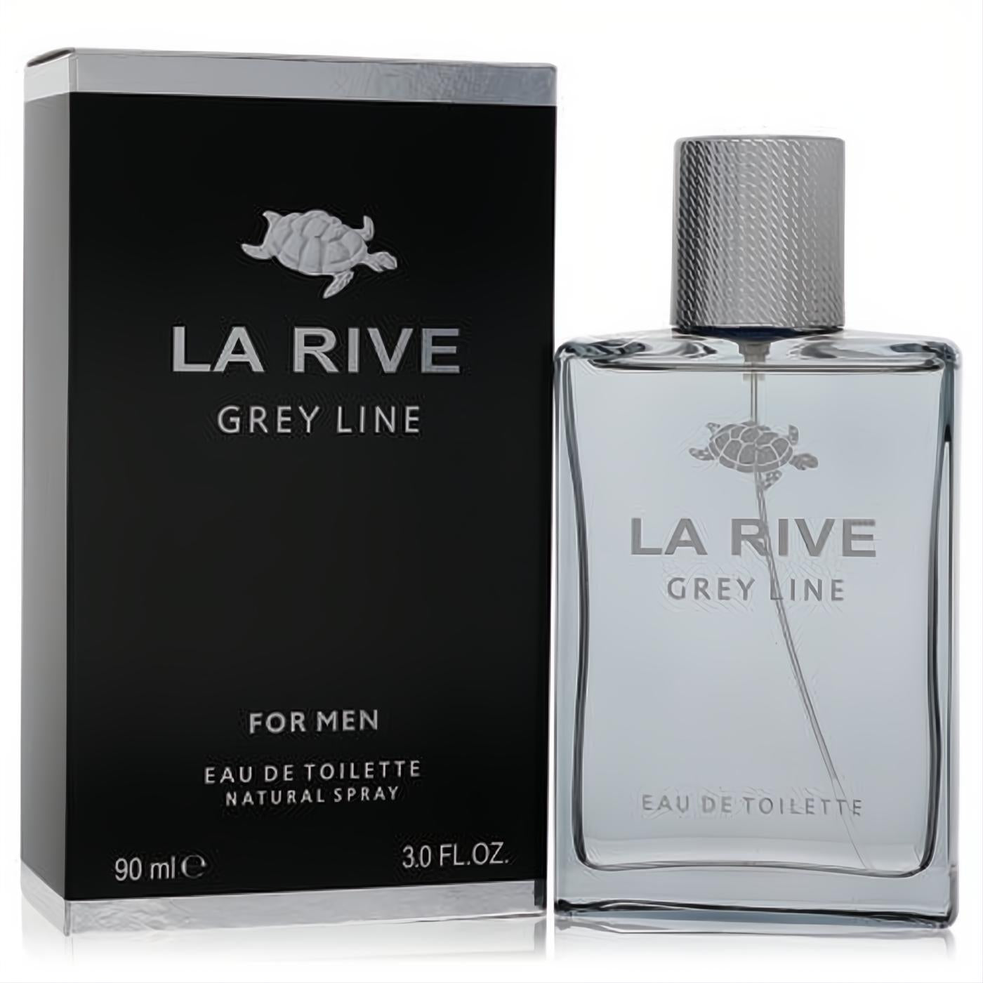 Sophisticated La Rive Grey Line 3 oz men's EDT. Clear glass bottle, sleek silver cap, and matte black box with iconic turtle logo.