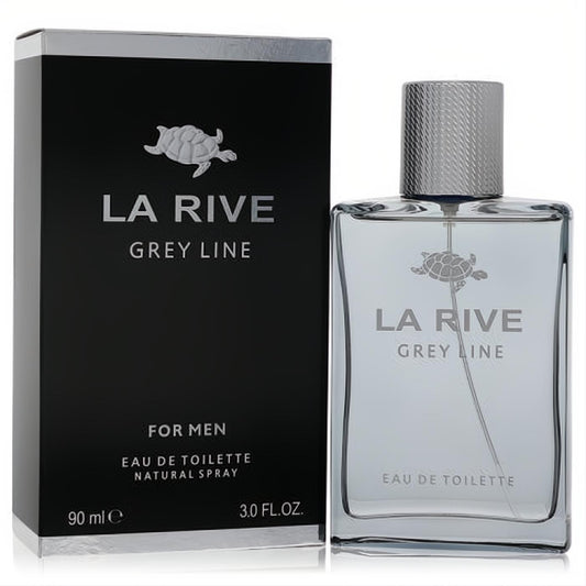 Sophisticated La Rive Grey Line 3 oz men's EDT. Clear glass bottle, sleek silver cap, and matte black box with iconic turtle logo.