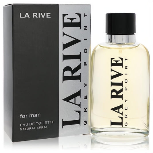 Sophisticated La Rive Grey Point EDT for men. Clear glass bottle with amber fragrance, black cap, and sleek black & silver packaging.