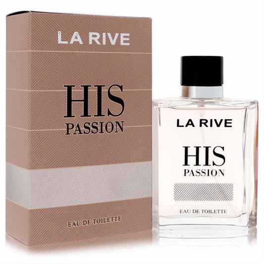 La Rive His Passion men's EDT, 3.3 oz. Clear rectangular bottle with black cap and elegant striped warm brown packaging.
