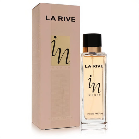 La Rive In Woman Eau De Parfum: elegant clear glass bottle with black cap, next to its chic peach and gold box.