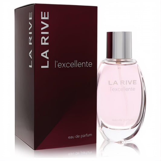 La Rive L'Excellente 3.4 oz women's eau de parfum: elegant pink liquid in a sleek glass bottle, beside its rich burgundy box.