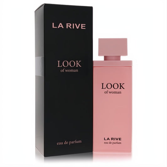 Modern La Rive Look Of Woman Eau De Parfum in a blush pink rectangular bottle with a matching cap, beside its sleek black box.