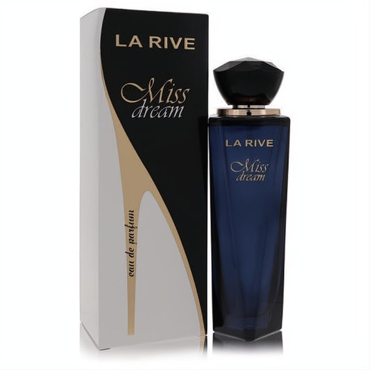 La Rive Miss Dream 3.3 oz women's Eau De Parfum. Sleek dark blue bottle, faceted black cap, and elegant black & gold box.
