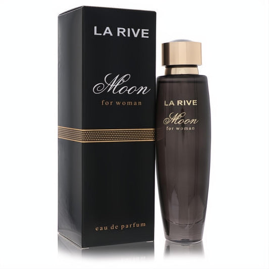 La Rive Moon Eau De Parfum for women. Sleek smoky black bottle with a luxurious gold cap and elegant black box.