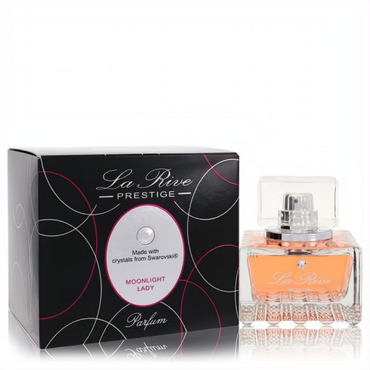 Elegant La Rive Moonlight Lady EDP spray, clear square bottle with peach liquid, beside its black Swarovski crystal box.