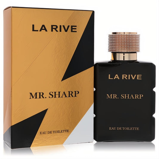 La Rive Mr. Sharp men's Eau De Toilette: sophisticated black bottle with ribbed gold cap, alongside its sharp gold and black box.