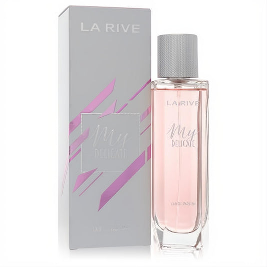 La Rive My Delicate 3 oz women's Eau De Parfum. Clear glass bottle with soft pink fragrance, silver cap, and sleek grey box.