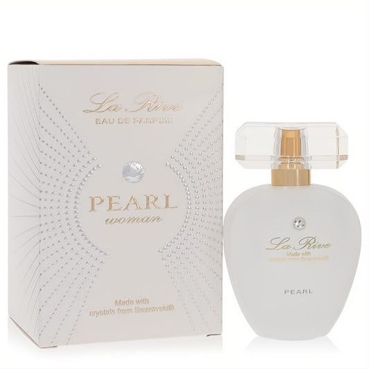 Luxurious La Rive Pearl women's Eau De Parfum spray. White pear-shaped bottle and elegant box with gold details and Swarovski crystal.