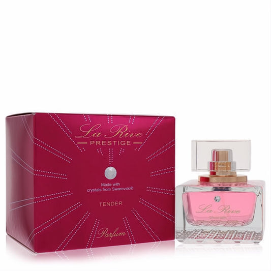 La Rive Prestige Tender perfume: Pink liquid in clear glass bottle with gold accents & sparkling Swarovski crystal. Fuchsia box.