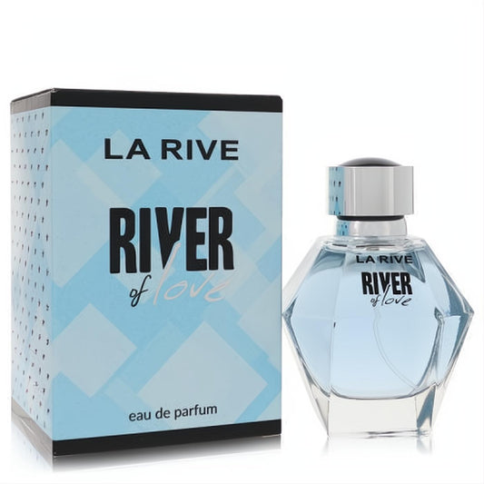 La Rive River of Love women's Eau De Parfum. Light blue fragrance in a faceted clear glass bottle with a sleek black and blue box.