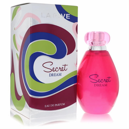 Unveil Secret Dream with this alluring 3 oz vibrant pink perfume bottle, sleek silver cap, next to its modern, colorful abstract box.
