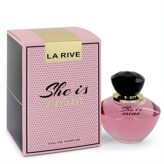 La Rive She is Mine 3 oz women's perfume. Pink curved bottle, black faceted cap, and stylish pink & black box.