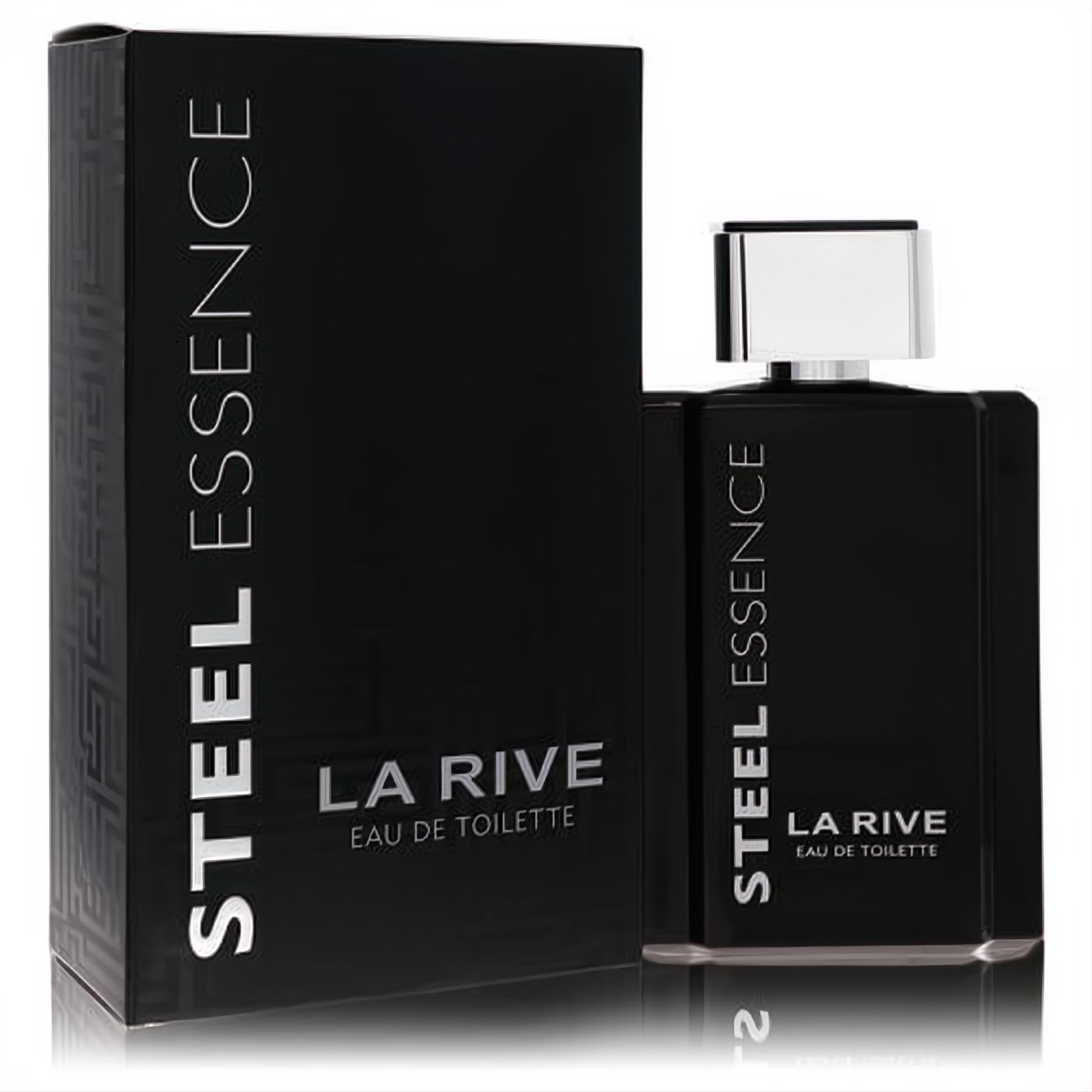 Experience La Rive Steel Essence men's 3.3 oz Eau De Toilette. Sleek black rectangular bottle with silver cap and matching box.