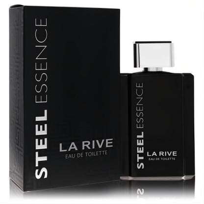 Experience La Rive Steel Essence men's 3.3 oz Eau De Toilette. Sleek black rectangular bottle with silver cap and matching box.