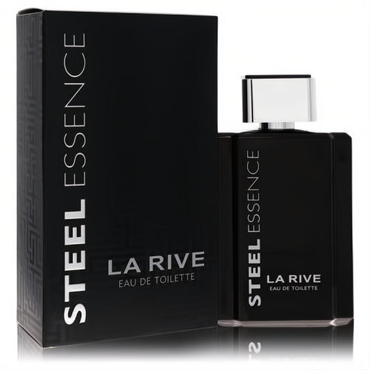 Experience La Rive Steel Essence men's 3.3 oz Eau De Toilette. Sleek black rectangular bottle with silver cap and matching box.