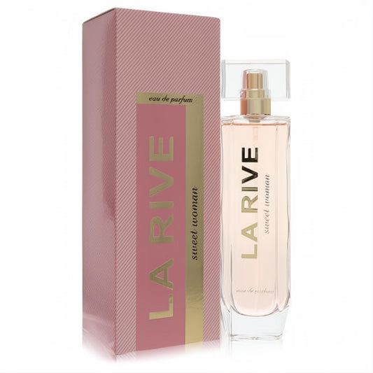 La Rive Sweet Woman 3 oz EDP. Elegant clear glass bottle with light pink liquid, gold sprayer, and matching striped pink box.