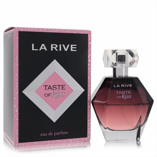 Captivating La Rive Taste of Kiss Eau De Parfum. Faceted glass bottle with a pink-to-dark gradient, beside its chic black and pink polka dot box.