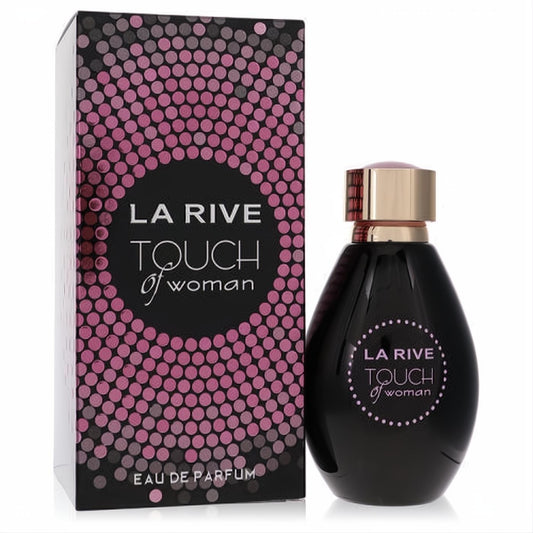 La Rive Touch of Woman 3 oz Eau De Parfum for women. Features a sleek black bottle, rose gold cap, and chic pink dotted box.