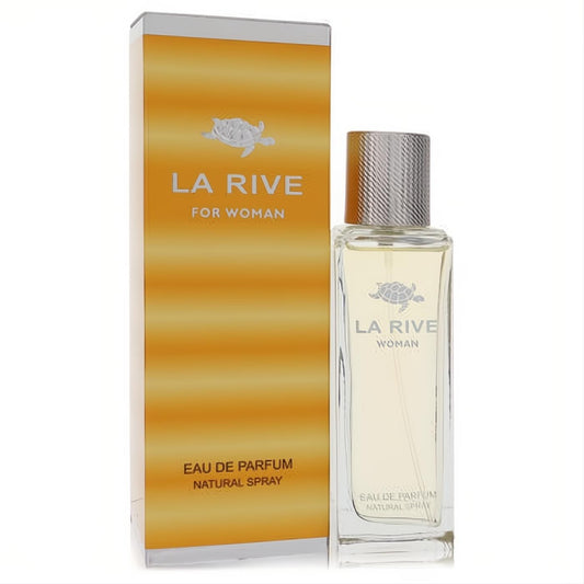 La Rive For Woman Eau De Parfum in a sleek clear glass bottle with silver ribbed cap and turtle logo, next to its vibrant orange box.