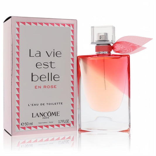 Lancome La Vie Est Belle En Rose 1.7 oz EDT. Elegant clear-to-rose gradient bottle with pink ribbon and patterned white box.