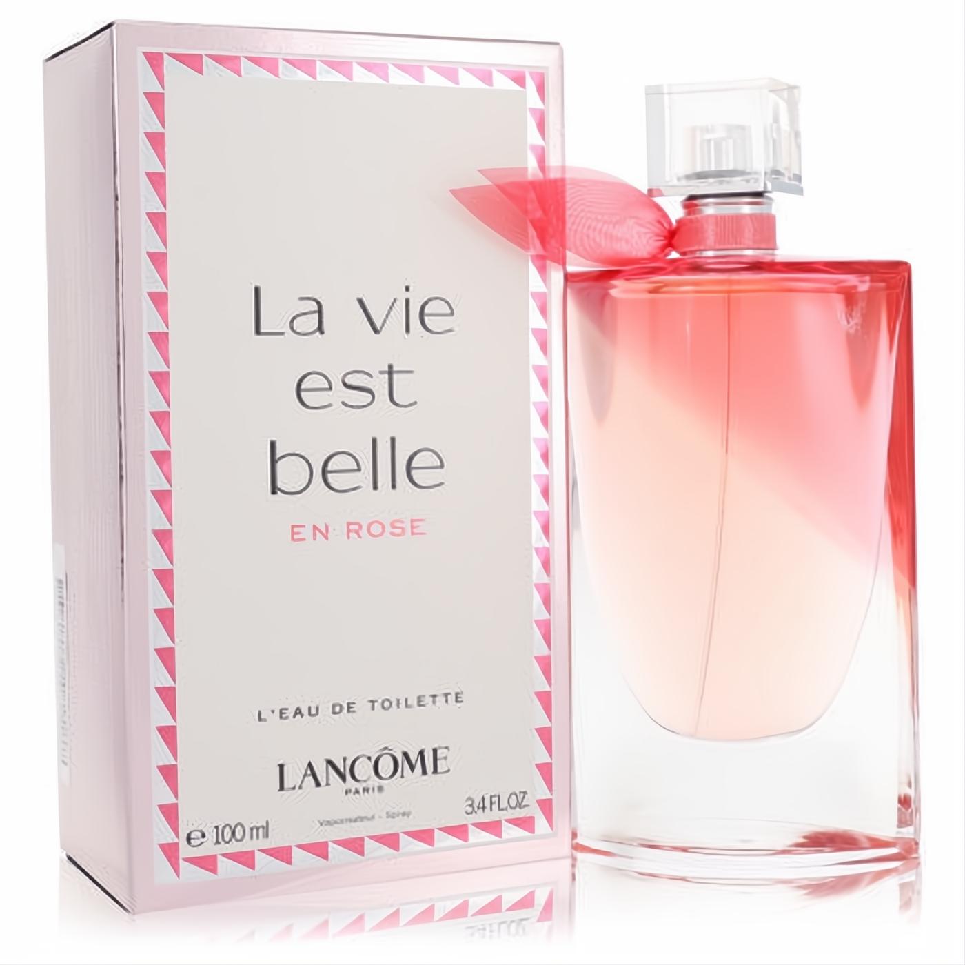 Elegant Lancome La Vie Est Belle En Rose 3.4 oz perfume bottle with pink liquid, sheer bow, and matching decorative box.