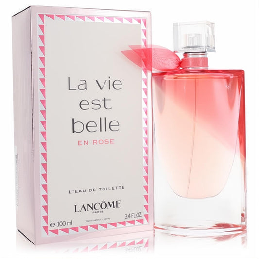 Elegant Lancome La Vie Est Belle En Rose 3.4 oz perfume bottle with pink liquid, sheer bow, and matching decorative box.