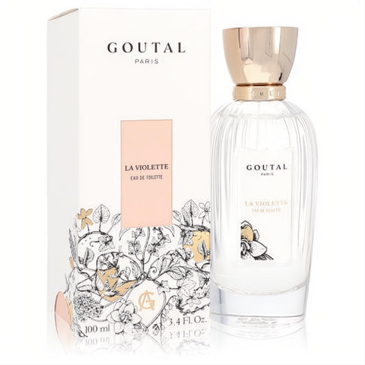 Annick Goutal La Violette women's 3.4 oz EDT. Elegant clear ribbed glass bottle, gold cap, and white floral box.