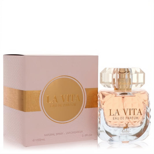Exquisite La Vita by Maison Alhambra 3.4 oz Eau De Parfum in a clear faceted bottle with a chic pink and gold box.