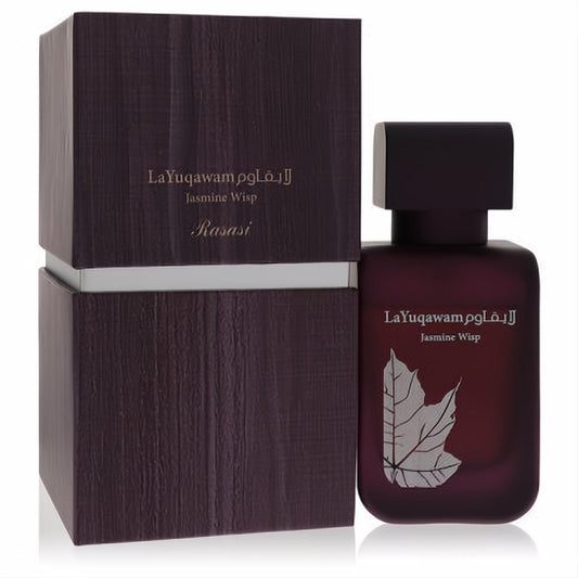 Exquisite Rasasi La Yuqawam Jasmine Wisp 2.5 oz EDP. Frosted burgundy bottle, elegant silver leaf design, matching textured box.