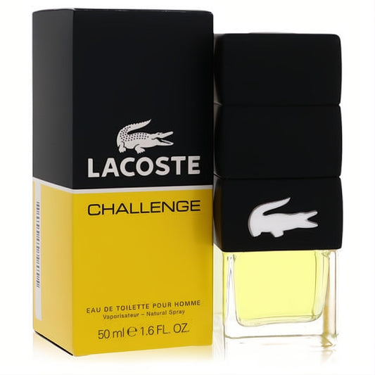 Bold Lacoste Challenge 1.6 oz EDT for men. Features sleek black & yellow packaging, clear bottle, and iconic crocodile logo.