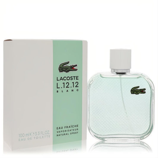 Lacoste L.12.12 Blanc Eau Fraichie 3.3 oz EDT for men. Clear glass bottle, white cap, green crocodile logo, with its crisp white & green box.
