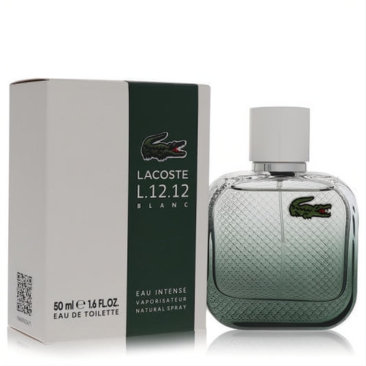 Lacoste L.12.12 Blanc Eau Intense 1.6 fl.oz men's EDT. Clear textured bottle, white cap, green liquid, iconic crocodile logo.