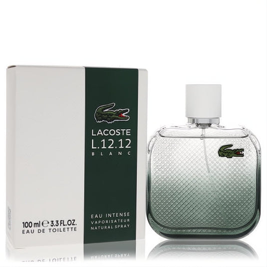 Lacoste L.12.12 Blanc Eau Intense 3.3 oz EDT. Clear textured bottle with iconic green crocodile and white/green box.