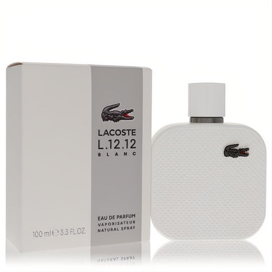 Crisp white Lacoste L.12.12 Blanc Eau De Parfum 3.3 oz for men, featuring a textured bottle with the iconic crocodile logo.