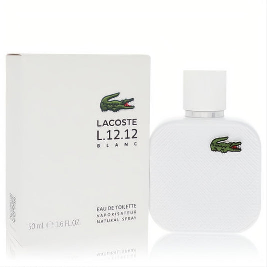 Lacoste L.12.12 Blanc men's 1.6 oz Eau De Toilette. White bottle with signature polo texture and iconic crocodile logo.