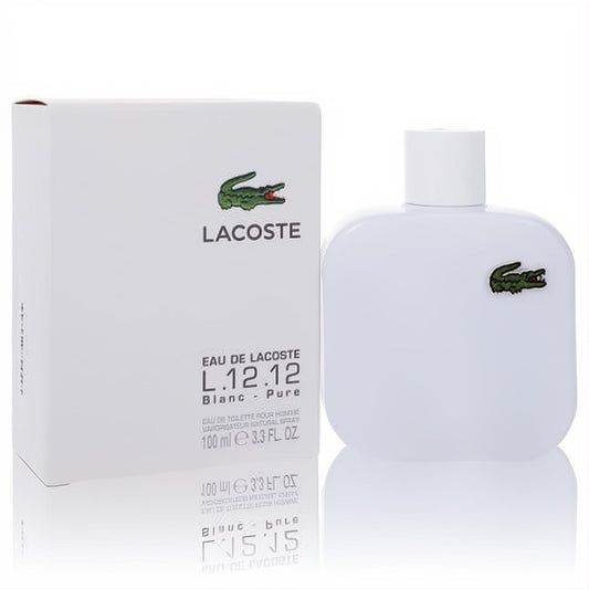 Lacoste L.12.12 Blanc men's Eau De Toilette, 3.3 oz. Elegant white bottle and box featuring the iconic green crocodile logo.