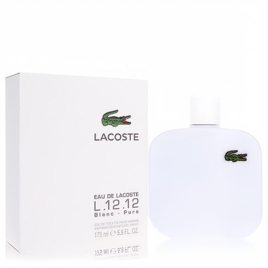 Lacoste L.12.12 Blanc men's Eau De Toilette 5.9 oz. Crisp white bottle and box with signature green crocodile logo.