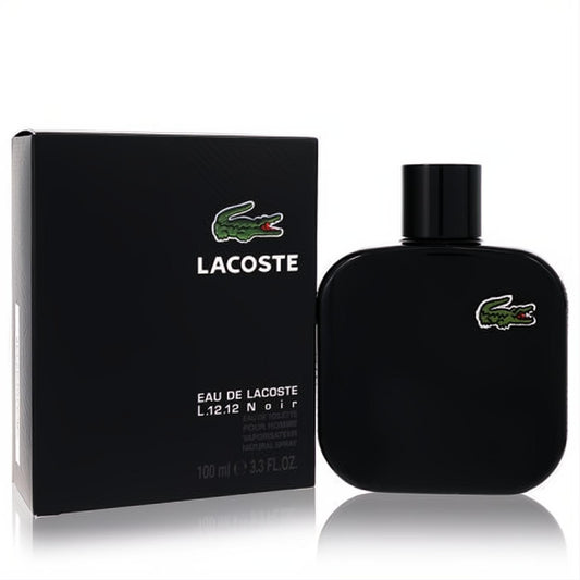 Sophisticated black Lacoste L.12.12 Noir Eau De Toilette 3.3 oz spray and box, featuring the iconic green crocodile. A bold men's fragrance.
