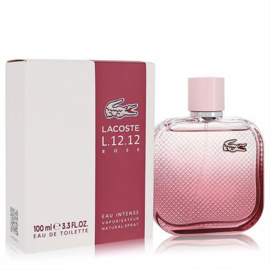 Lacoste L.12.12 Rose Eau Intense 3.3 oz EDT spray. Features a chic pink textured glass bottle and elegant white & rose packaging.