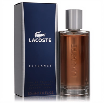 Discover Lacoste Elegance Men's EDT, 1.6 fl.oz. Amber fragrance in a sleek glass bottle with silver cap & iconic dark blue box.