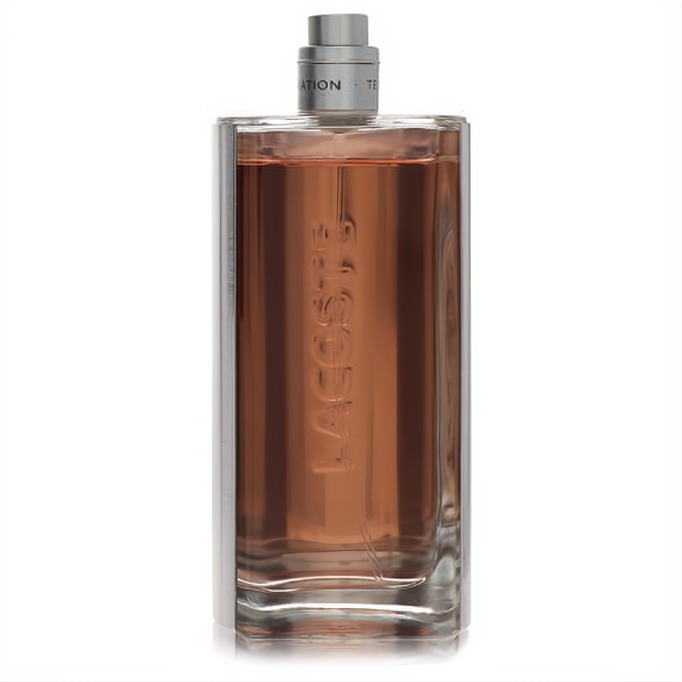 Discover Lacoste Elegance men's 3 oz EDT tester. Iconic rectangular glass bottle with warm amber fragrance and sleek silver cap.