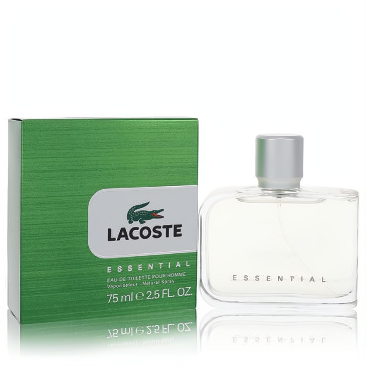 Lacoste Essential 2.5 oz men's Eau De Toilette. Clear glass bottle, sleek silver cap, and iconic green crocodile box.