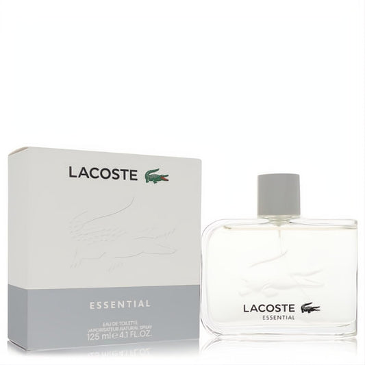 Sleek Lacoste Essential 4.2 oz men's Eau De Toilette spray. Clear glass bottle, gray cap, and white box with iconic green crocodile logo.