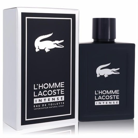 Lacoste L'homme Intense 3.3 oz men's EDT. Bold dark blue bottle & white box with signature crocodile logo.