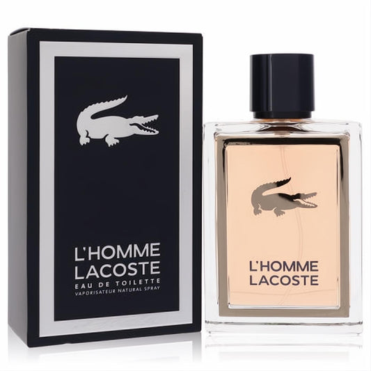 Stylish Lacoste L'homme Eau De Toilette spray for men. Sleek black box and clear bottle with amber fragrance and iconic crocodile logo.
