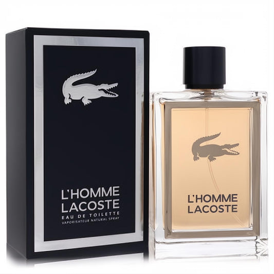 Lacoste L'Homme Eau De Toilette spray. Amber fragrance in a sleek glass bottle with black cap and silver crocodile logo, next to its black box.